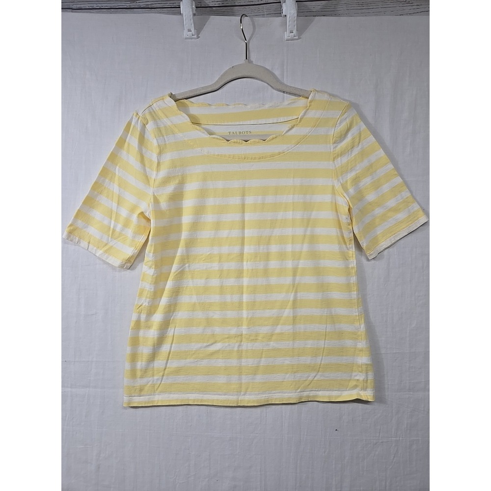 Talbots Striped Top Women's Medium Yellow White Scalloped Neckline Pima‎ Cotton